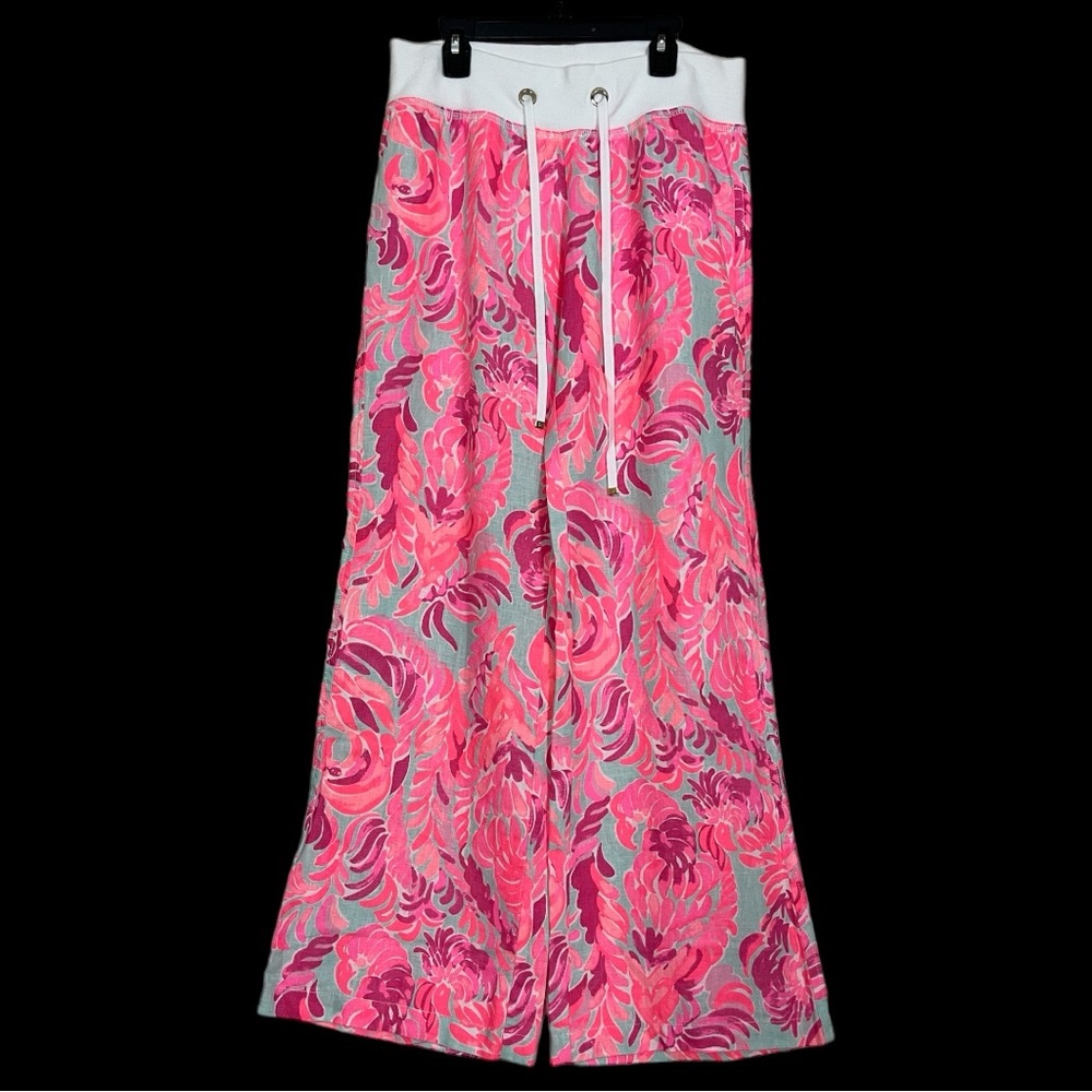 Lilly Pulitzer Pink and Gray Drawstring Waist Wide Leg Linen Beach Pants Medium